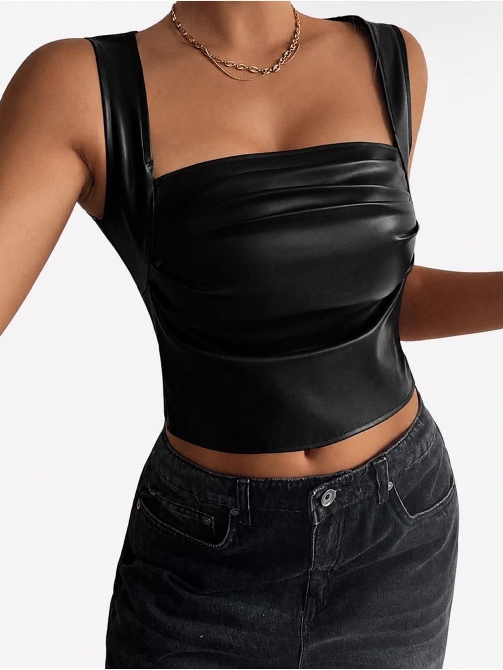 SOLY HUX PU Leather Square Neck Tank Top